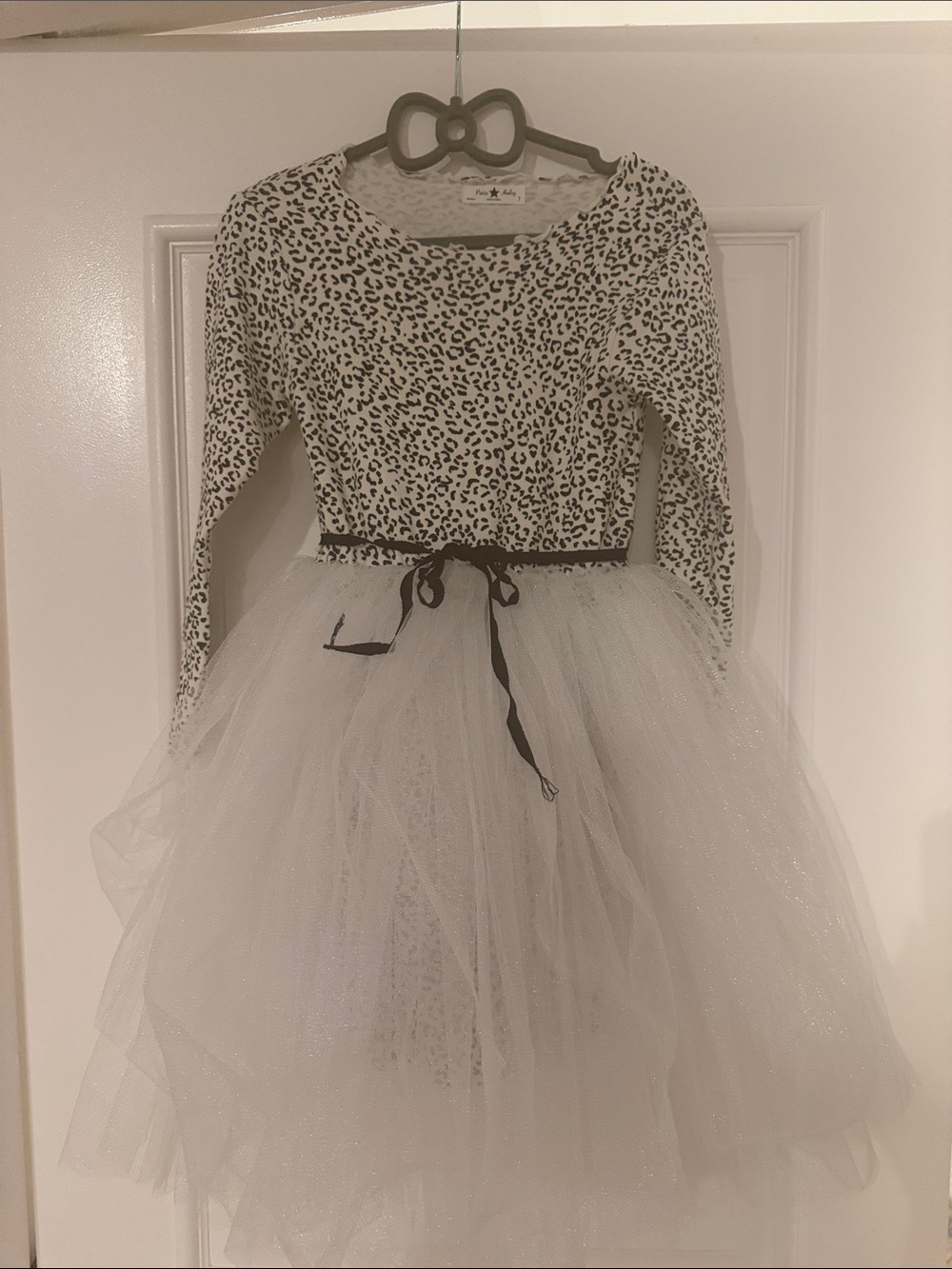 Girls' Black & White Leopard Print Long-Sleeve Tulle Dress